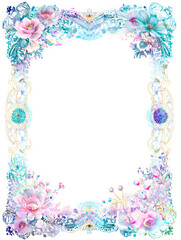 A frame with a blue and pink flower design