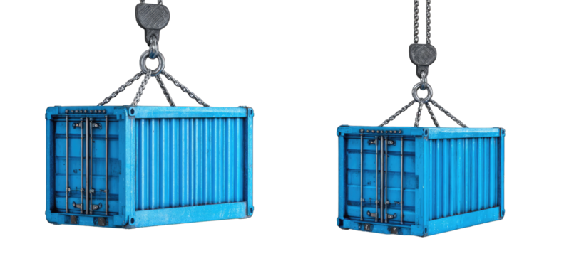 Blue shipping container being lifted by a crane