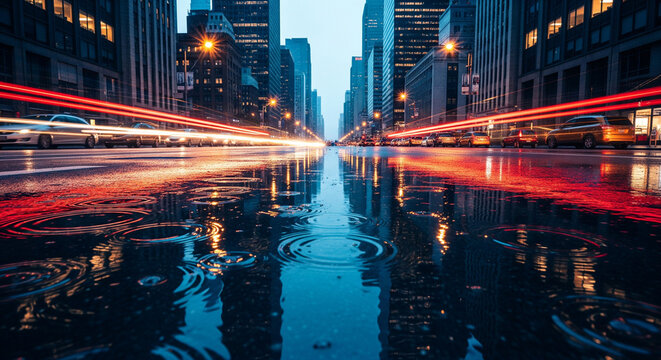 Dynamic city street at night, wet from rain, with light trails and vibrant reflections.