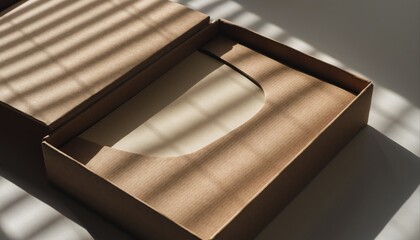 Cinematic kraft box mockup with blank beige brochure and architectural shadows.