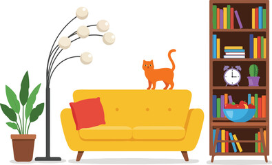 Cozy living room scene featuring a yellow sofa cat and bookshelf with books.