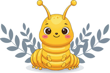 Cute cartoon caterpillar with a happy face and adorable antennae smiling brightly.
