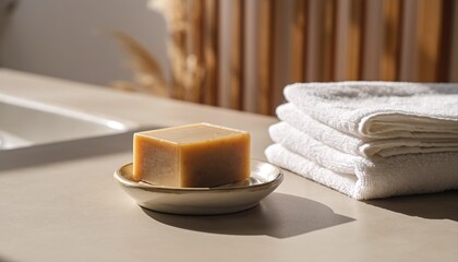 Minimalist blank artisanal soap bar mockup in ceramic dish with white towels.