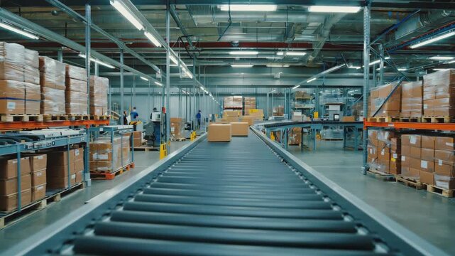 Conveyor belt with cardboard boxes. Industry 4.0 concept