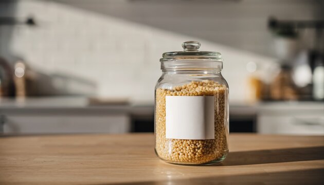 Clear glass pantry jar mockup with blank label in bright kitchen.