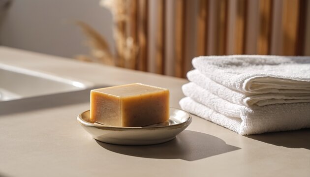 Minimalist blank artisanal soap bar mockup in ceramic dish with white towels.