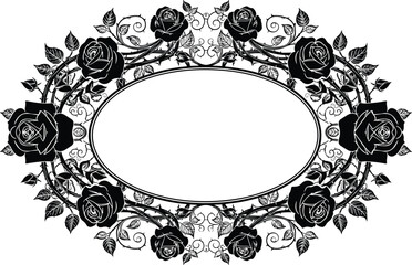 Black rose frame vector, symmetrical floral border, decorative vine design, vintage botanical illustration, romantic invitation asset, monochrome ornamental element