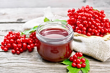 Jam viburnum in jar on wooden board