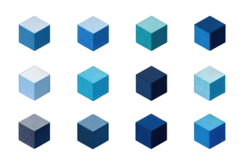 Twelve shades of blue cubes arranged in a grid