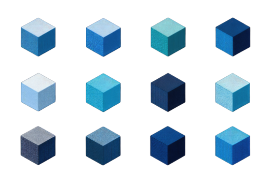 Twelve shades of blue cubes arranged in a grid