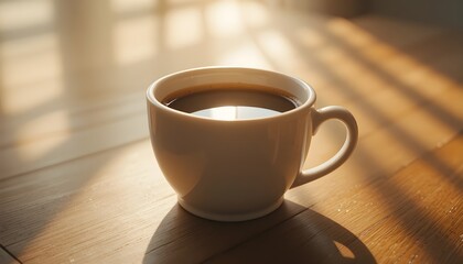 Obraz premium Warm sunlight falling on a cup of coffee with soft shadows