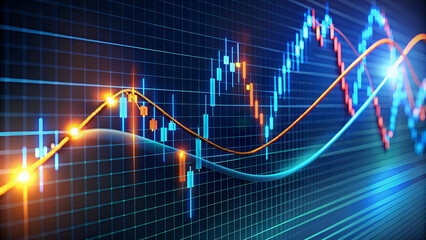 Stock Market Chart with Candlestick and Line Indicators for Technical Analysis on Blue Background