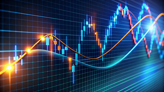 Stock Market Chart with Candlestick and Line Indicators for Technical Analysis on Blue Background