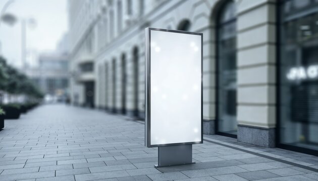 Tall blank white banner mockup on metal pole on city sidewalk.