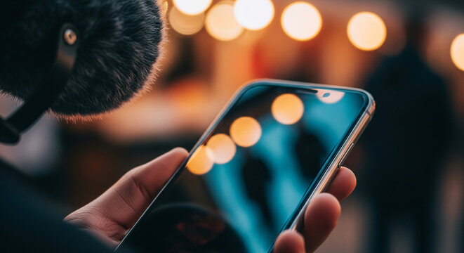 Candid shot of hand holding smartphone with colorful bokeh reflections near a microphone. - Powered by Adobe