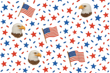 American flags and bald eagles forming patriotic seamless pattern with red, blue confetti, transparent background