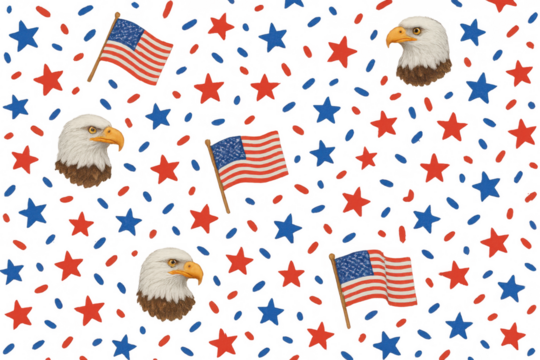American flags and bald eagles forming patriotic seamless pattern with red, blue confetti, transparent background