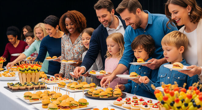 Smiling diverse families with kids enjoying a delicious buffet spread with mini burgers.