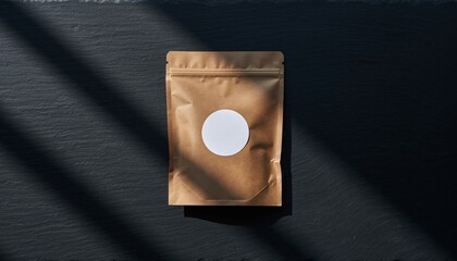 Blank Kraft Mailer Pouch and Sticker Mockup on Dark Textured Surface