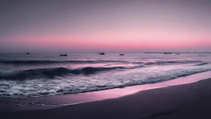 Obraz premium Coastal dawn scene with boats, waves washing ashore, and soft pink and purple hues