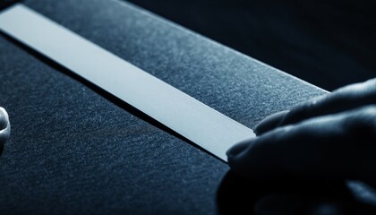 Hand Applying Blank White Label Strip Mockup on Kraft Box, High Contrast