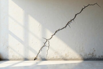 A large crack runs diagonally across a textured off-white wall, sunlight casting shadows on the surface