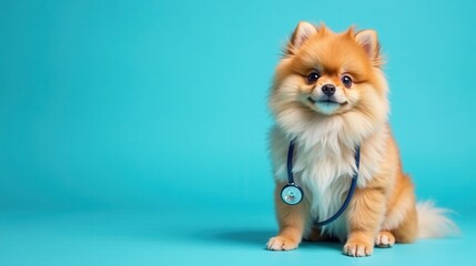 Adorable Pomeranian Puppy in a Doctor's Outfit Posing Against a Vibrant Teal Background