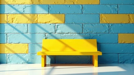A vibrant yellow bench sits serenely against a wall of cheerful blue and sunny yellow bricks, bathed in the warm glow of sunlight filtering through a nearby window.