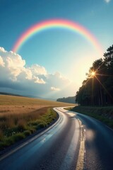 Asphalt Road Winding Through a Serene Landscape Under a Vibrant Rainbow and Setting Sun