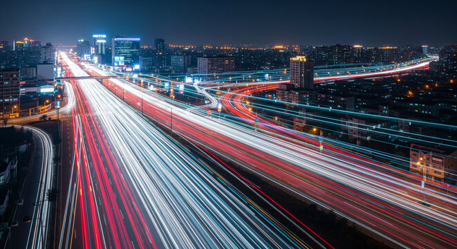 Modern City Highway Interchange at Night, Vibrant Light Trails of Urban Traffic Flow