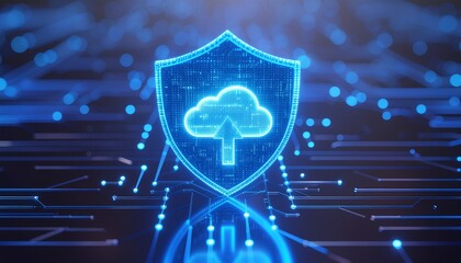 Digital Shield: An ethereal blue shield, emblazoned with a cloud icon and an upward arrow, symbolizes secure data upload, weaving a web of protection across a network of digital pathways.