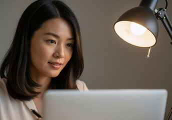 Online learning concept - Asian woman studying late in her home office, working on a laptop under a desk lamp