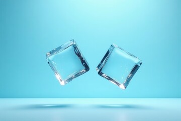 Two Crystal-Clear Ice Cubes Hovering Against a Light Blue Background, a Refreshing Visual Representation of Purity and Coolness