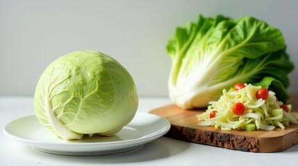 Fresh Head of Cabbage, Crisp Lettuce, and a Vibrant Salad on a Wooden Board