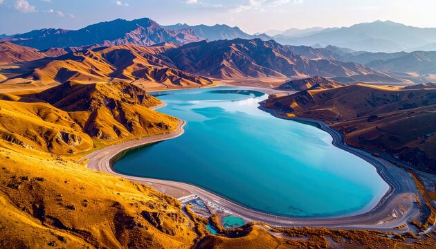 An aerial view showcases a striking turquoise lake surrounded by undulating golden hills and rugged mountain ranges.