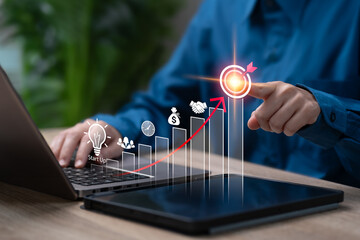 Project Planning and Strategy Process Concept, Businesswoman Setting Goals for Startup Success,Financial Growth, Investment Profit, and Sustainable Business Development, Goal Setting, Marketing Target