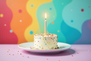 A single candle lights a small, delicious frosted cake adorned with colorful sprinkles, resting on a plate against a vibrant, abstract backdrop.