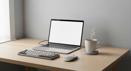 Minimalist workspace with open laptop, keyboard, mouse, and coffee mug on wooden desk in modern