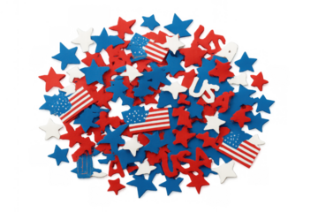Usa patriotic sprinkles in red, white, and blue with stars, flags, and text for fourth of july celebration