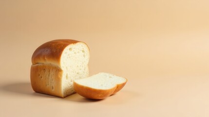 A freshly baked loaf of bread, sliced and ready to be enjoyed, rests on a neutral background, showcasing its golden-brown crust and soft, airy interior.