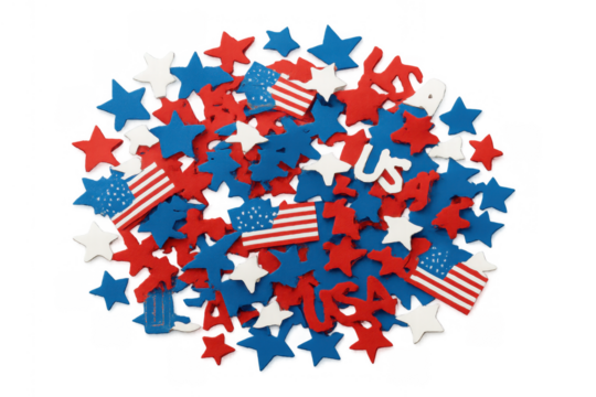 Usa patriotic sprinkles in red, white, and blue with stars, flags, and text for fourth of july celebration