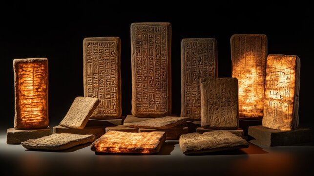 A set of ancient, clay tablets inscribed with glowing, shifting cuneiform, seized at a temporal customs point, exuding palpable energy