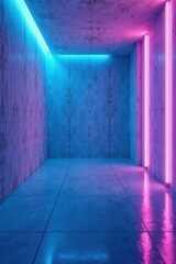 Abstract Neon Illumination in a Modern Concrete Room with Vibrant Blue and Pink Lighting Effects