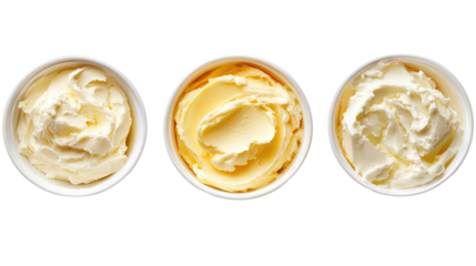Three oval dishes of creamy food isolated on transparent background