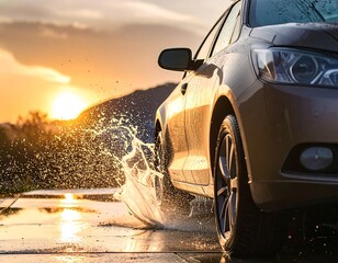 Car Splashing Through Puddle at Sunset - Dynamic Automotive Scene.
