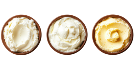 Three bowls of shea butter in different textures isolated on transparent background