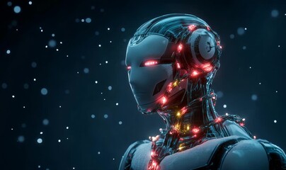 Futuristic robot head featuring intricate details and glowing red elements, symbolizing ai and technology