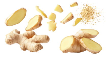 Fresh ginger root and slices isolated on transparent background