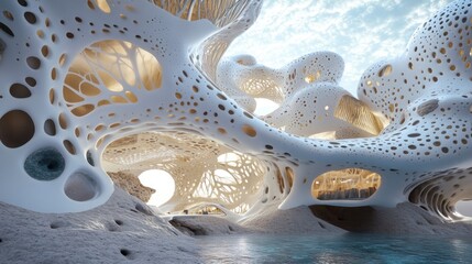 Coral reef inspired luxury apartment complex, porous bone-white structures with iridescent accents, underwater caustics lighting effect