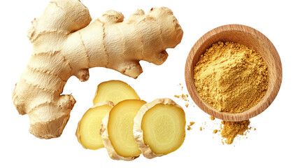 Fresh ginger root sliced and ground ginger in a bowl isolated on transparent background